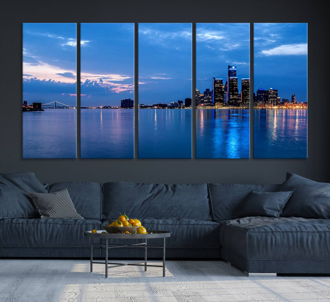 The "Detroit City Lights Night Blue Cloudy Skyline Cityscape View" wall art, displayed on museum-quality canvases, is split into three gallery-wrapped panels.