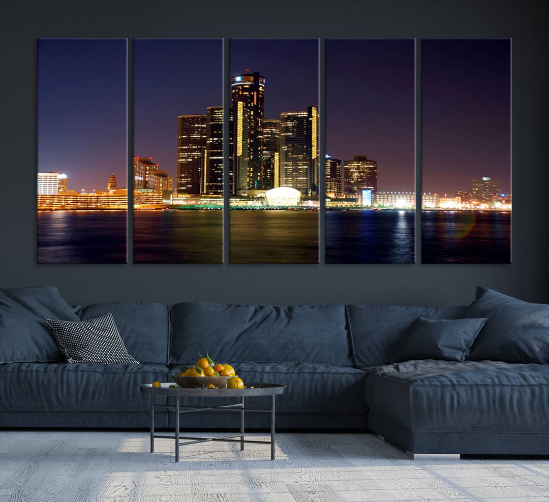 The Detroit City Lights Night Skyline Cityscape View Wall Art Canvas Print, elegantly split into three panels, is made from museum-quality pollycotton and gallery wrapped for a sophisticated touch. It is available with free shipping to effortlessly elevate your space.