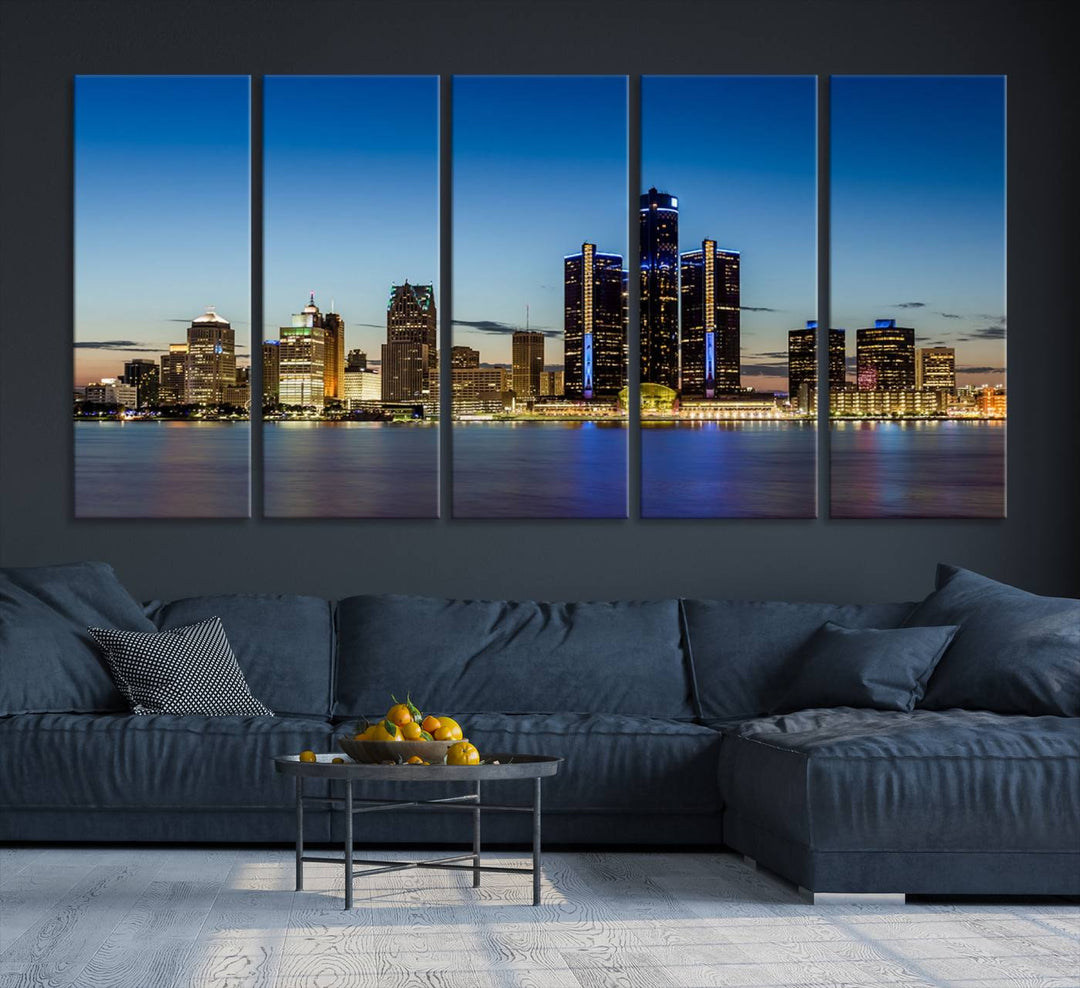 Impresión en lienzo de arte de pared grande con vista del paisaje urbano del horizonte del amanecer de las luces de la ciudad de Detroit