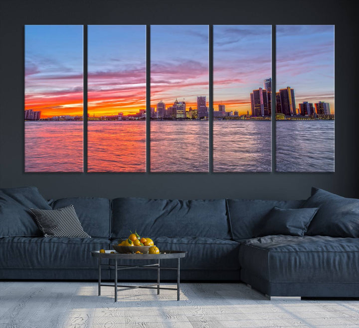 The Detroit City Lights Sunset Colorful Cloudy Skyline Cityscape View Wall Art Canvas Print showcases a vibrant city skyline at sunset over water. The artwork is museum-quality, comes ready to hang, and features a UV-protective coating to preserve its vivid colors.