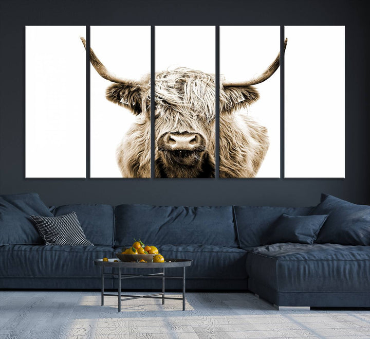 Lienzo de vaca de las Tierras Altas, arte de pared, decoración de granja, vaca, impresión en blanco y negro, decoración de pared rústica, pintura de animales, pared de vaca escocesa