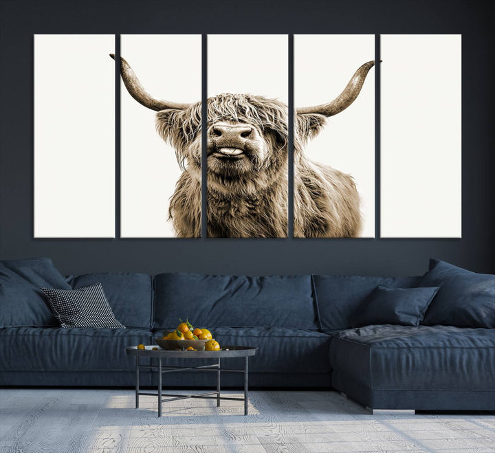 Lienzo de vaca de las Tierras Altas, arte de pared, decoración de granja, vaca, impresión en blanco y negro, decoración de pared rústica, pintura de animales, pared de vaca escocesa