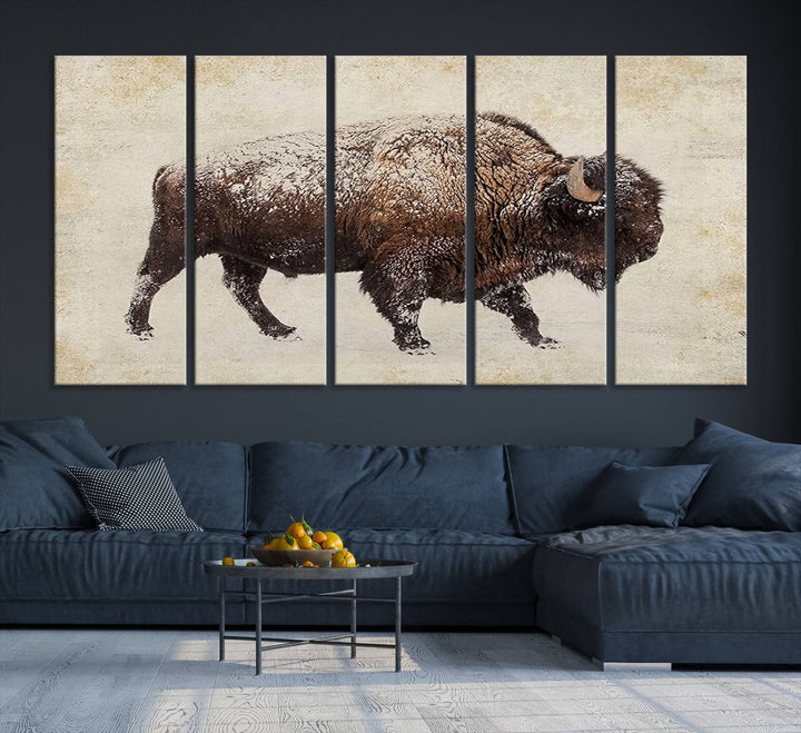 The "Buffalo Wall Art" canvas print, featuring a Western bison, hangs prominently, infusing the space with rustic cowboy and Western decor.