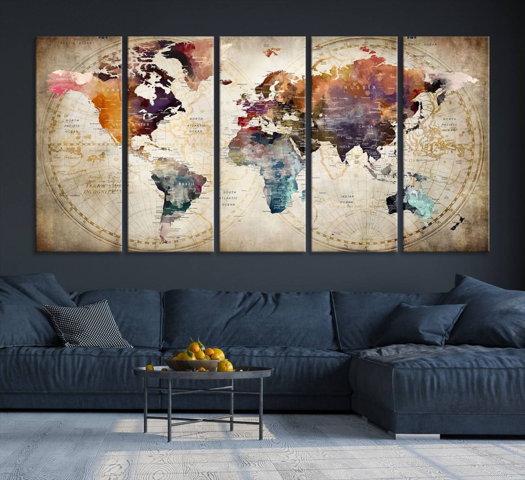 A World Map Wall Art Canvas Print featuring vibrant colors is crafted on museum-quality canvas, adding a touch of elegance to the room.