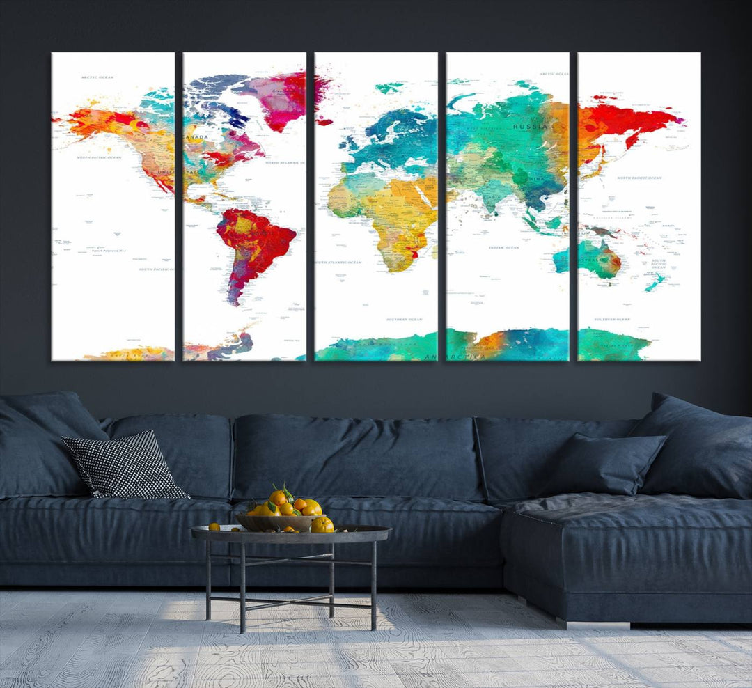 A stunning Colorful World Map Triptych Canvas Print, featuring a ready-to-hang framed design, adds vibrancy and modern flair to the space, effortlessly elevating the entire home décor.