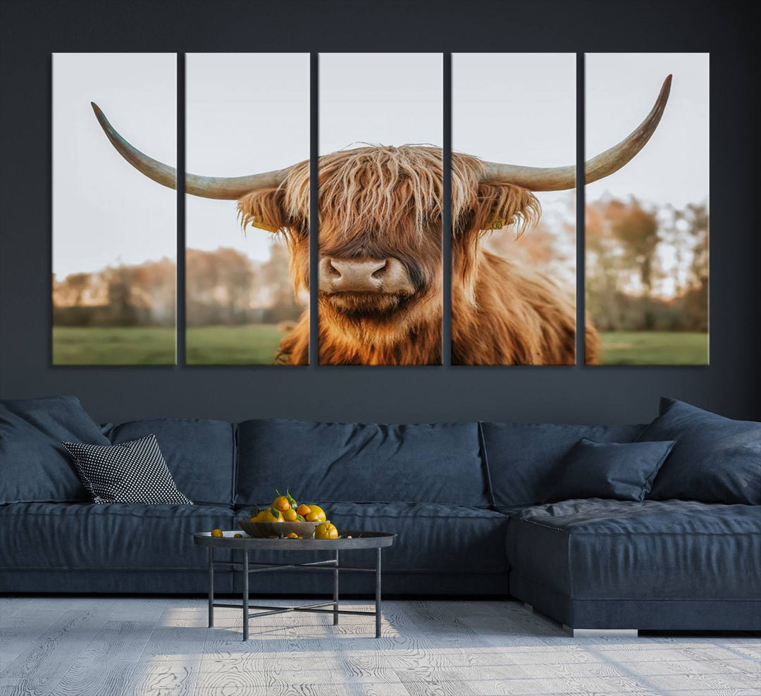 A Highland Cow Animal Scottish Cattle Art Print Farmhouse Wall Art Canvas Print hangs in the living room, adding a touch of rustic farmhouse decor.