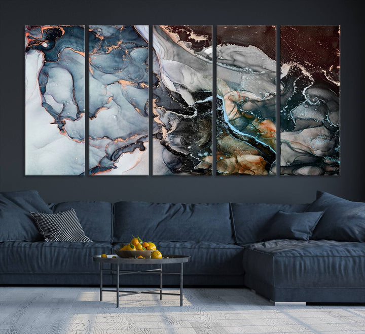 The Mix Color Large Abstract Marble Wall Art Canvas Print is printed on museum-quality canvas. It features a UV-protective coating and is ready to hang, adding elegance to the room.