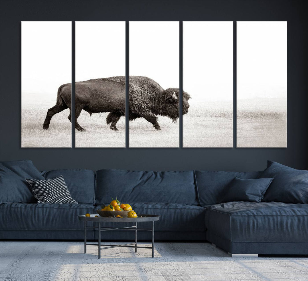 American Bison in Grasslands Triptych Canvas Wall Art – Western-Inspired Nature Decor for Home or Office