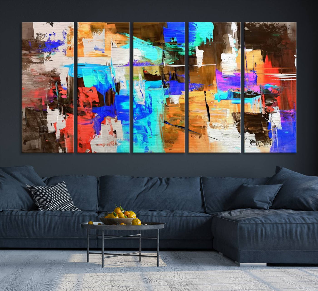 In a modern living room, the "Colorful Abstract Wall Art Canvas Print" serves as a stunning triptych centerpiece on museum-quality canvas, ready to hang. Its UV-protective coating ensures enduring vibrancy.