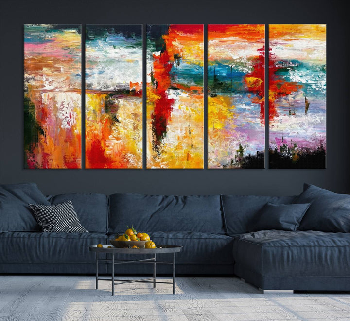 A Colorful Abstract Wall Art Canvas Print graces the wall, making this ready-to-hang masterpiece, complete with UV-protective coating, perfect for elevating any space with its vibrant allure.