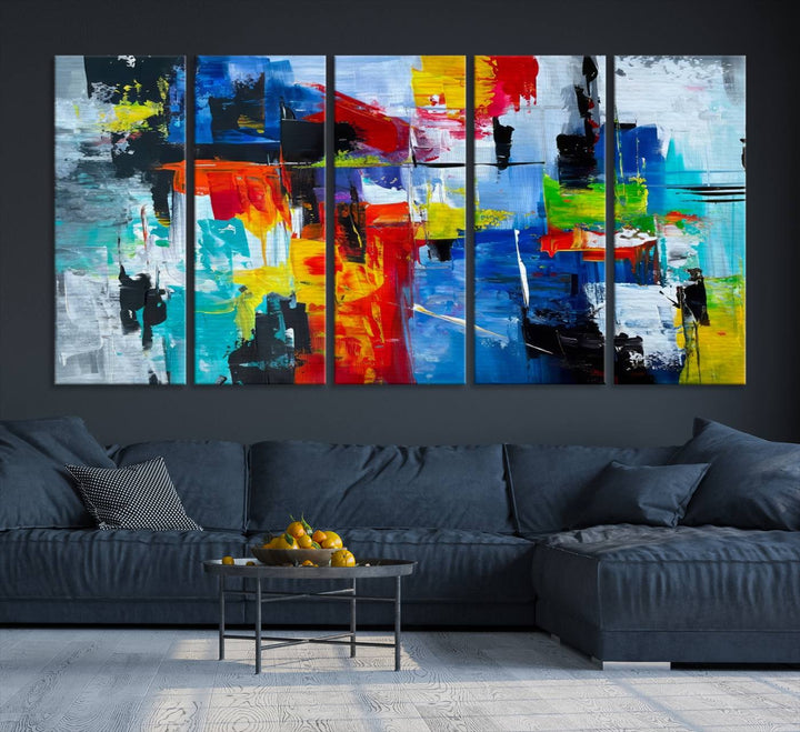 Three Colorful Abstract Wall Art Canvas Prints feature vibrant colors on museum-quality canvas and are finished with a UV-protective coating. Their ready-to-hang design allows for effortless transformation of your space.