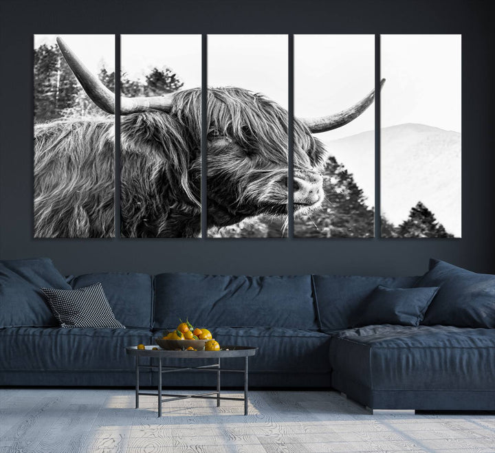 The Scottish Longhorn Wall Art Canvas Print features a highland cow with long horns and shaggy hair displayed on a museum-quality canvas. Equipped with a UV-protective coating for durability, it's ready to hang and enjoy for years to come.