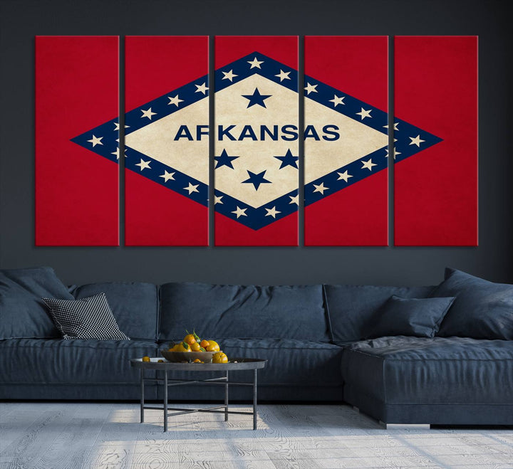 The Arkansas Flag Wall Art Canvas Print is displayed on gallery-wrapped, museum-quality canvases. Its vibrant colors are preserved by a UV-protective coating, ensuring long-lasting brilliance in your living space.