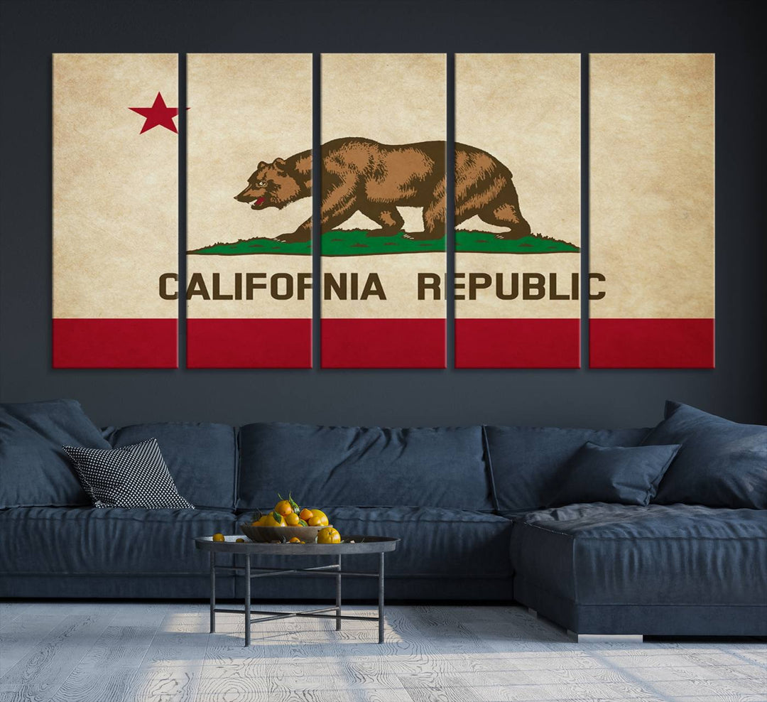 The Calinia States Flag Wall Art Canvas Print, featuring a bear and star design reminiscent of the California Republic flag, is crafted on museum-quality polycotton canvas with a UV-protective coating and is proudly made in the USA.