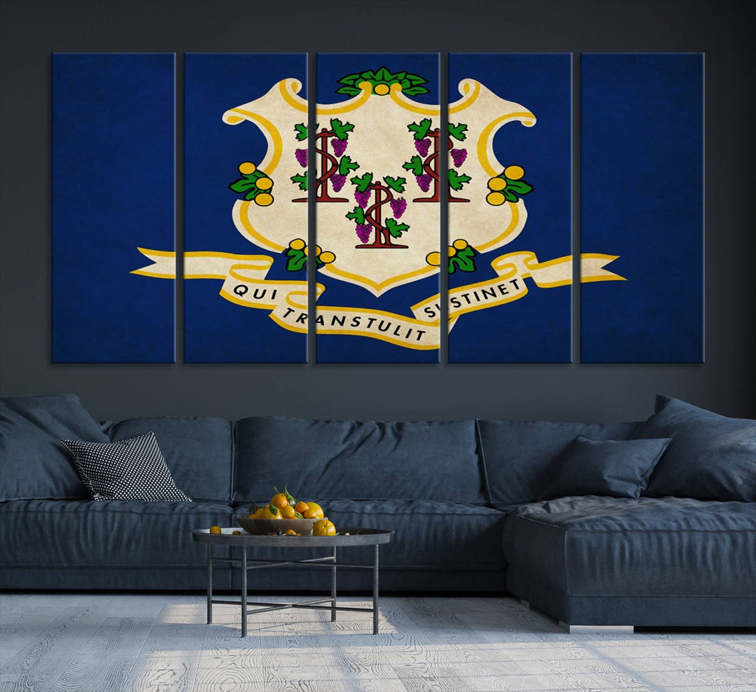 A "Size Connecticut States Flag Wall Art Canvas Print" hangs on the wall, its vibrancy preserved by a UV-protective coating.