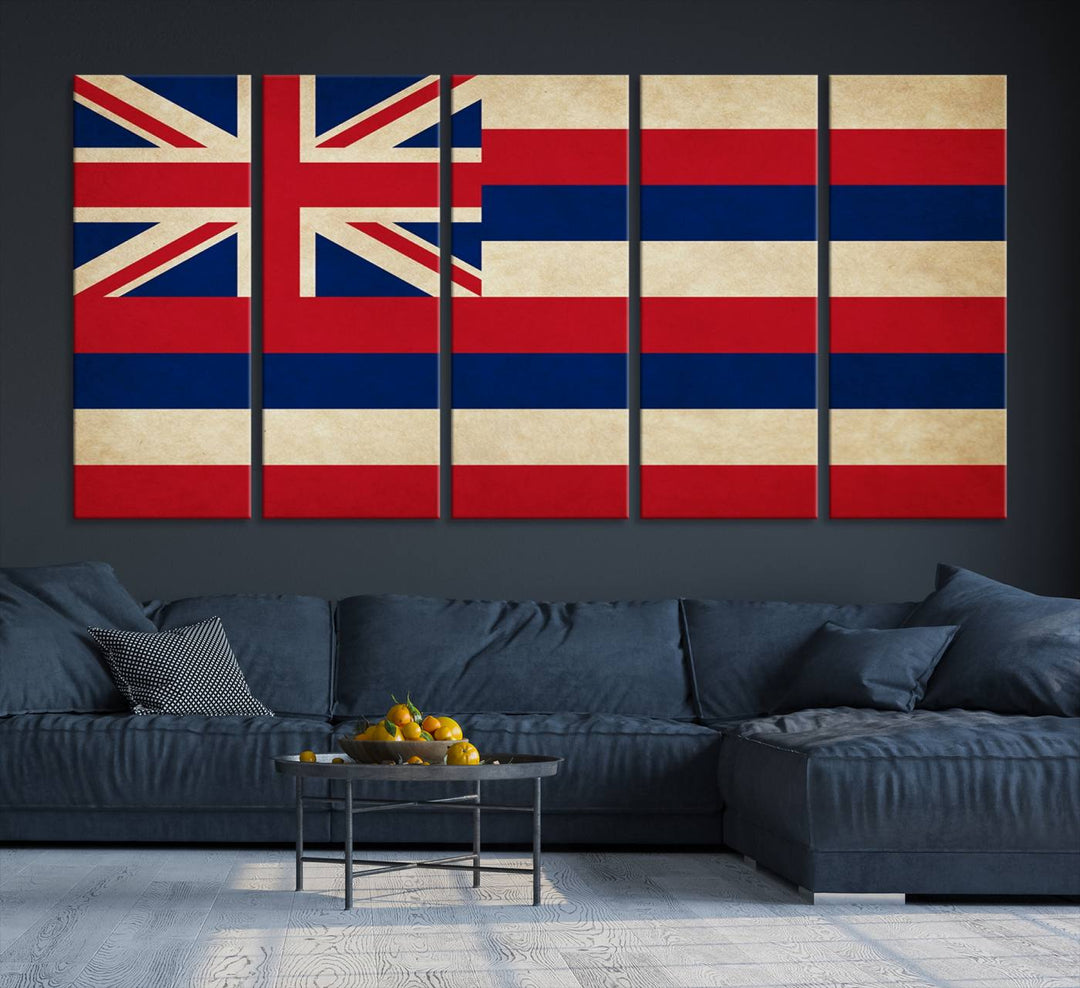 A stunning piece titled "Hawaii USA States Flag Wall Art Canvas Print" adorns the wall. This gallery-wrapped artwork is printed on museum-quality canvas and features a UV-protective coating, ensuring its vibrant colors remain timelessly beautiful.