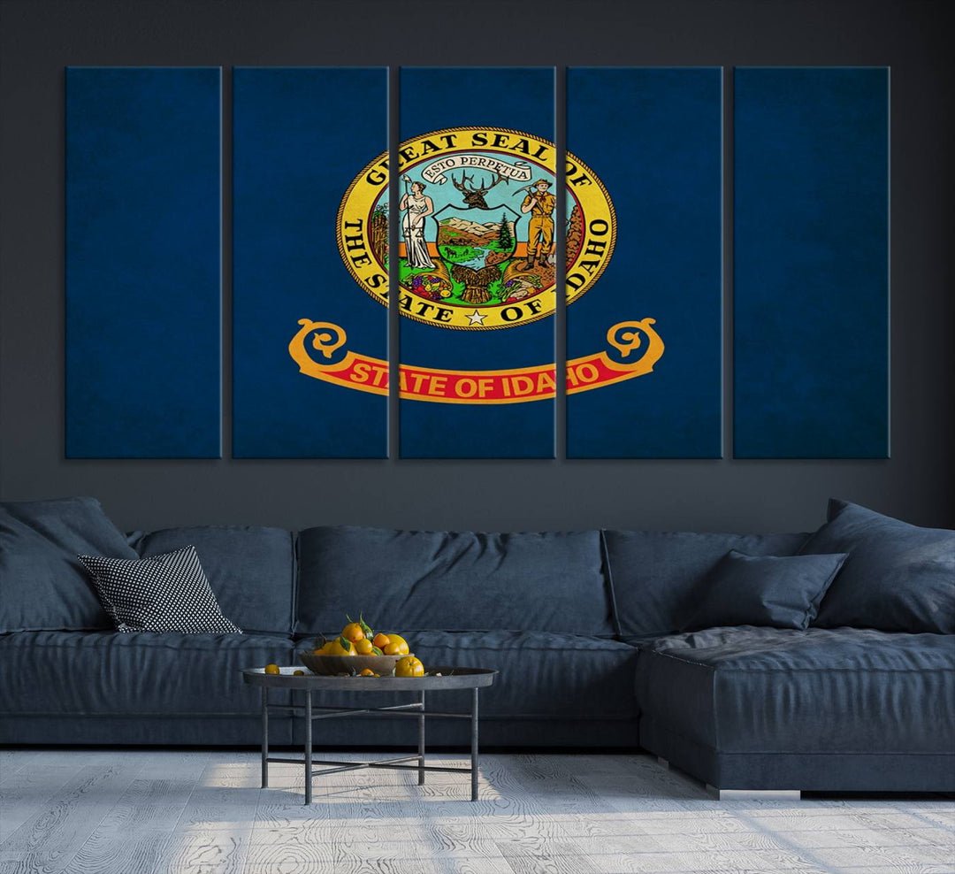 The Idaho USA States Flag Wall Art Canvas Print, featuring a UV-protective coating for lasting vibrancy, is ready to hang.