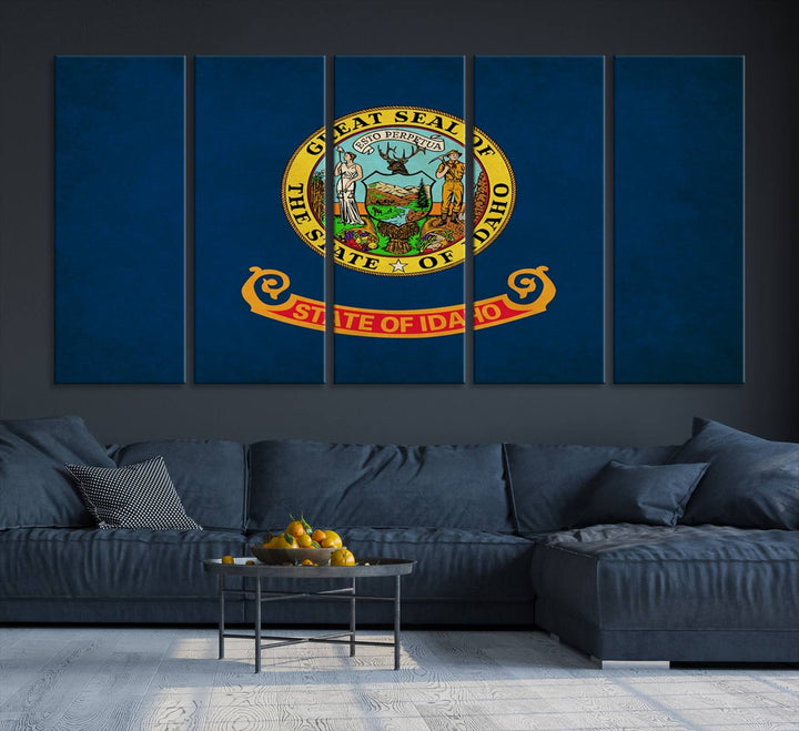 The Idaho USA States Flag Wall Art Canvas Print, featuring a UV-protective coating for lasting vibrancy, is ready to hang.