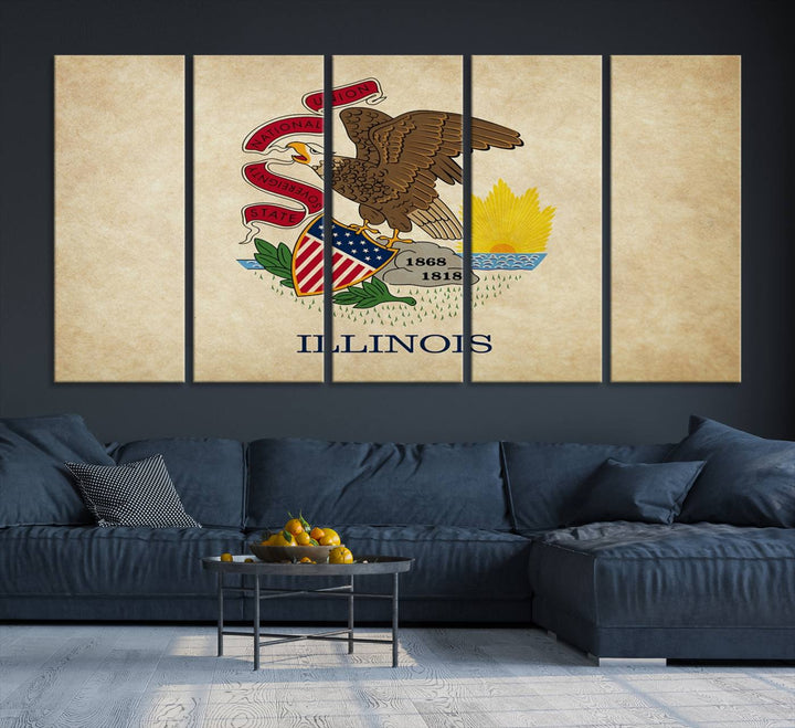 The Illinois State Flag Wall Art Canvas Print, crafted on museum-quality canvas with a UV-protective coating, is displayed prominently.