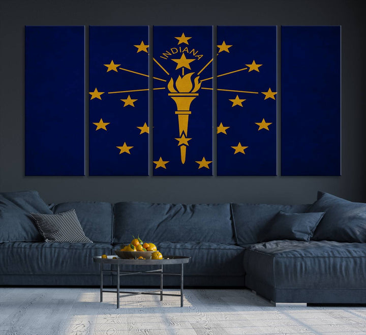 The Indiana States Flag Wall Art Canvas Print, featuring museum-quality canvas with a UV-protective coating, adorns the wall and brings an elegant and charming touch to your living space. Ready to hang, this piece becomes a standout feature in any room.