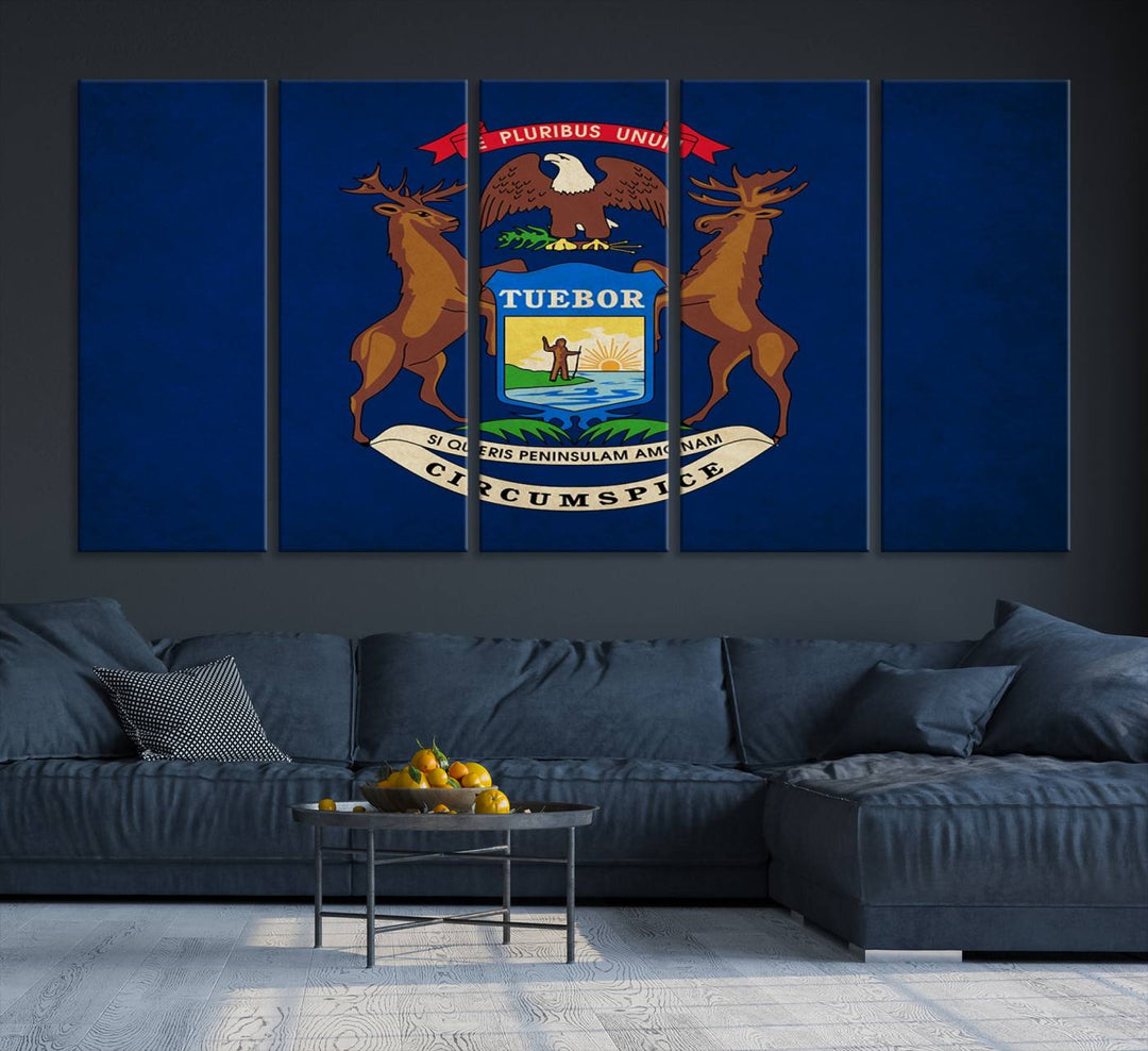 A piece of Michigan State Flag Wall Art on museum-quality canvas features a UV-protective coating to maintain its vibrant colors.