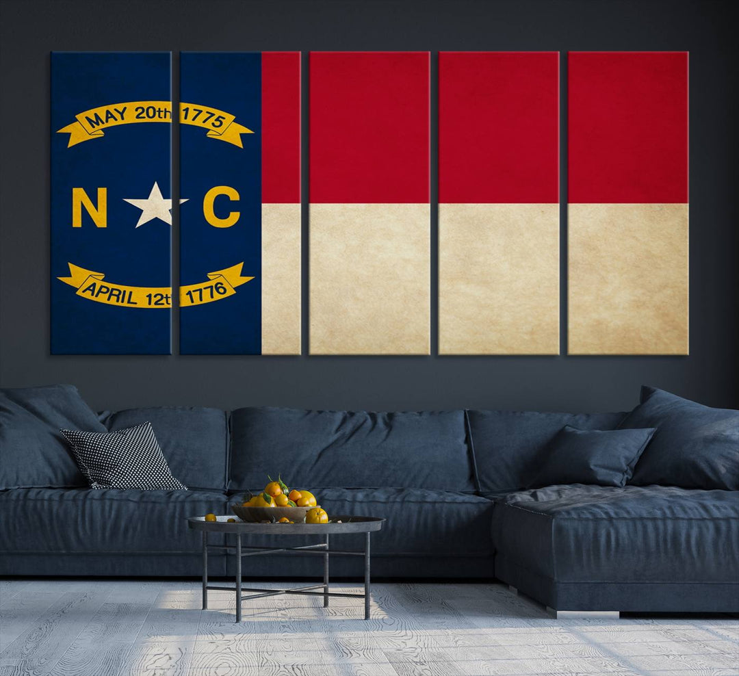 A museum-quality North Carolina State Flag Wall Art Canvas Print graces the wall, adding charm and character to any living space. Enjoy free shipping on this timeless piece.