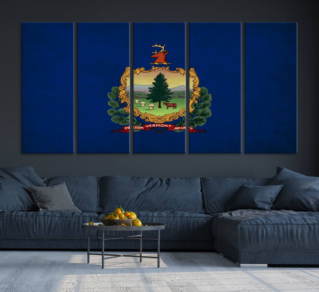 The Vermont Flag Wall Art Canvas Print is a museum-quality piece enhanced with UV-protective finishes, offering both style and durability. Enjoy free shipping on this classic decor addition.