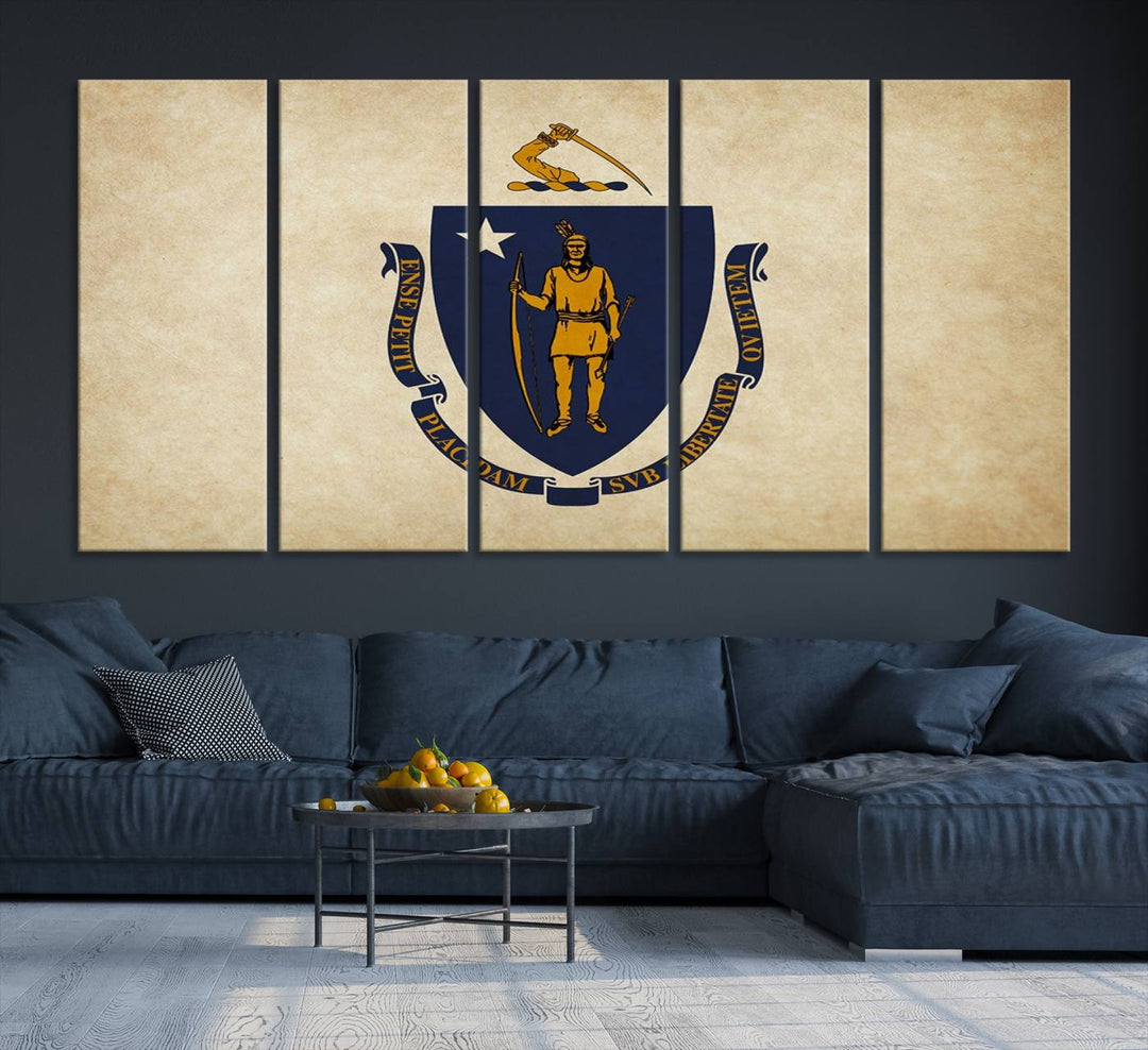 The Massachusetts State of Flag Wall Art Canvas Print, handcrafted on a museum-quality canvas with UV-protective coating, decorates the wall. It is ready to hang and adds a touch of elegance to the space.