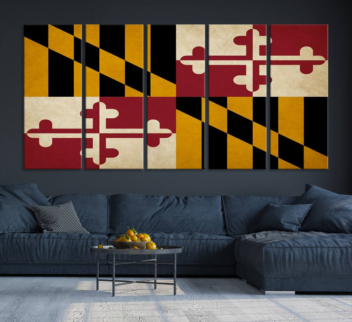 The Maryland Flag Wall Art Canvas Print, boasting a UV-protective coating for vibrant colors and durability, is a museum-quality piece offered with free shipping, making it the perfect addition to your space.