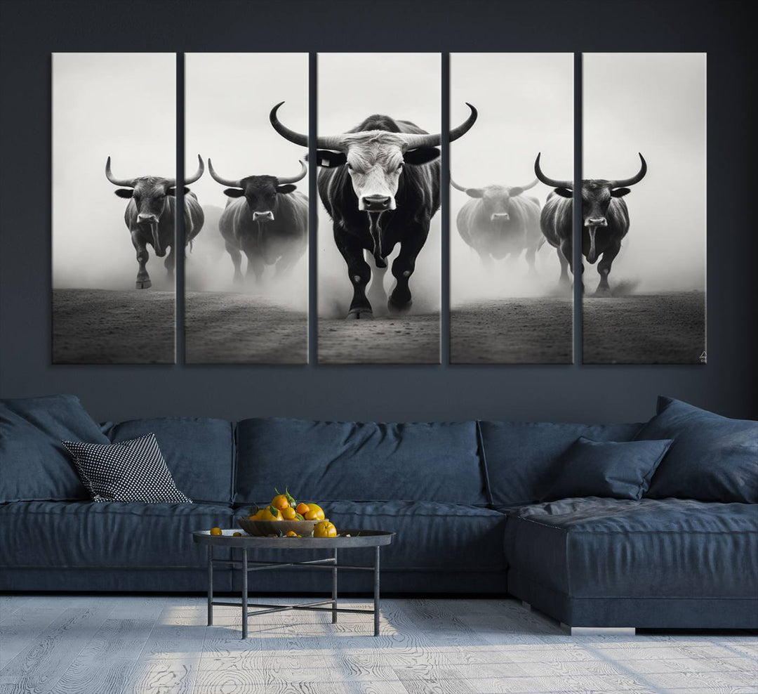 The Texas Longhorn Cow Animal Wall Art Canvas Print beautifully embellishes the area with its depiction of longhorn cattle in a misty setting, seamlessly integrating Western decor into the space.