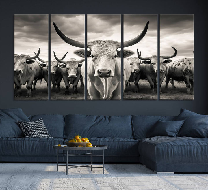 A Texas Longhorn Cow Animal Wall Art Canvas Print introduces a Western-themed accent.