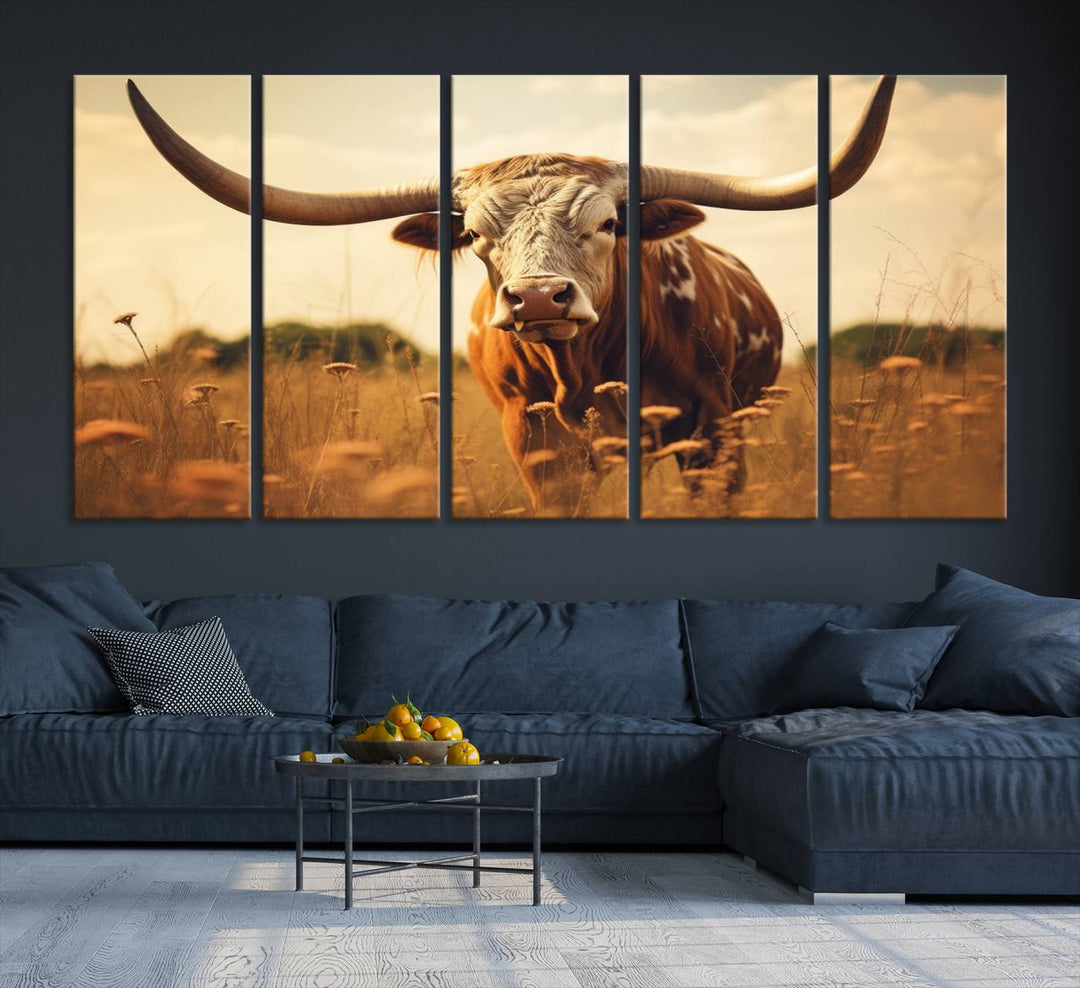 Cow Bighorn Wall Art Canvas Print, Longhorn Texas Cow Animal Canvas Print