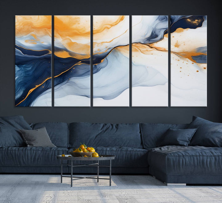 Modern living room featuring the 'Extra Large Orange Navy Blue Abstract Wall Art Canvas Print.'