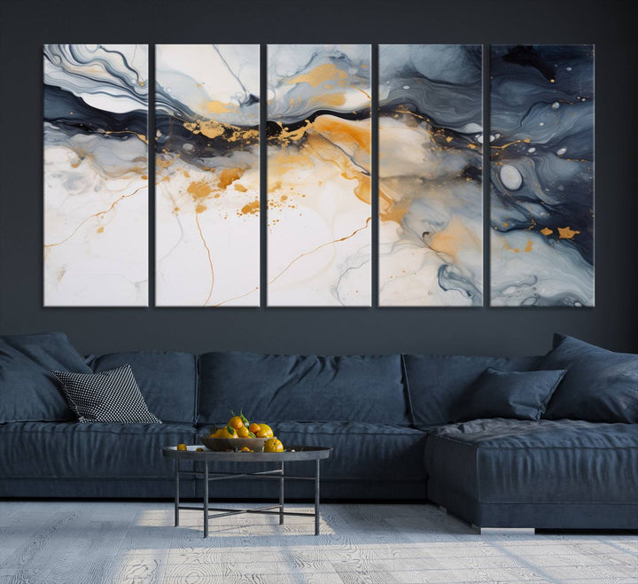 The Dark Blue and Orange Abstract Wall Art, featuring museum-quality canvas with captivating dark and golden swirls, is ready to hang and boasts a UV-protective coating to ensure enduring vibrancy and sophistication.