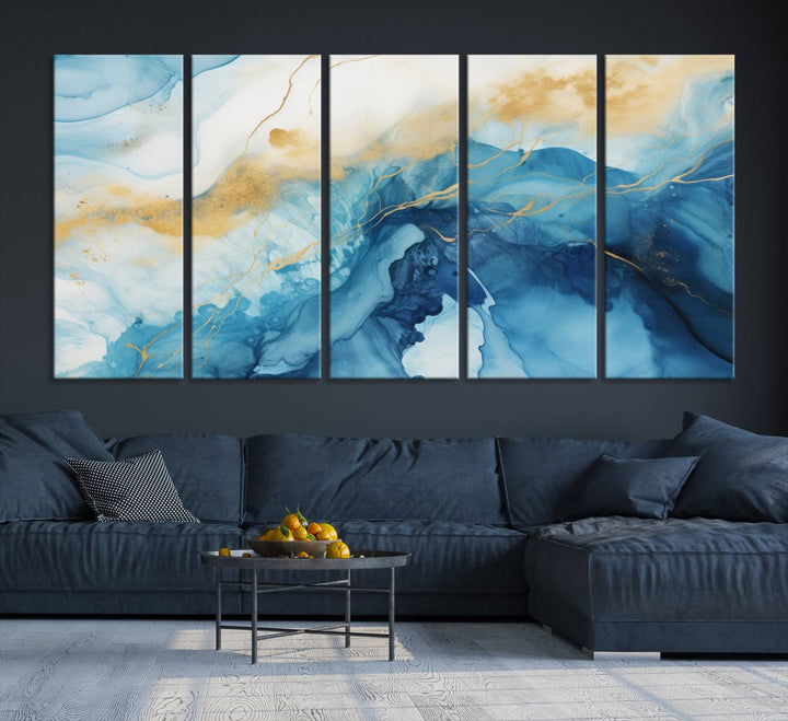 Blue and Gold Abstract Canvas Wall Art Print – Contemporary Fluid Design with Luxe Marble Effect – Ready to Hang