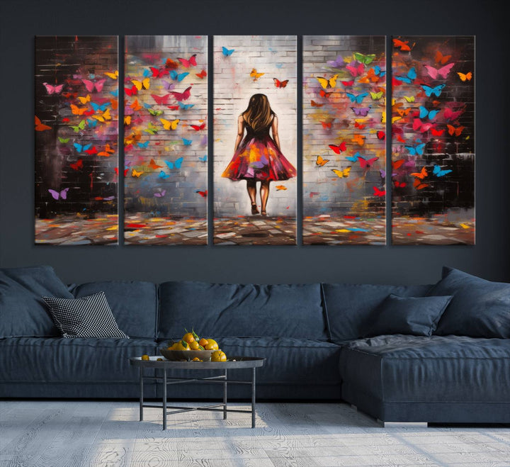 A vibrant artwork titled "Graffiti Wall Art Canvas Print Girl Butterfly Graffiti Abstract Canvas Print" is displayed above the couch. This gallery-wrapped masterpiece, printed on museum-quality canvas, features a UV-protective coating to preserve its vivid beauty.