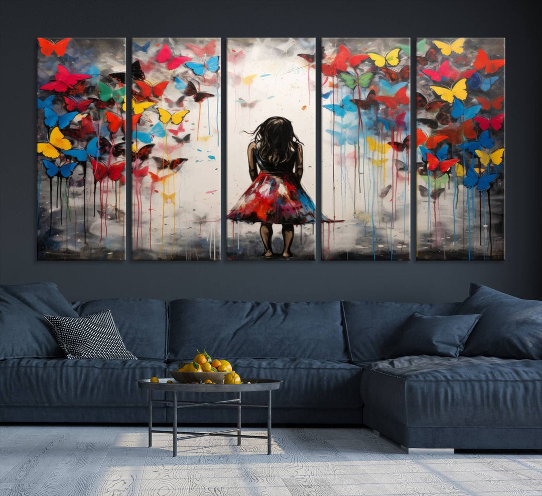 The Girl Butterfly Graffiti Abstract Canvas Print, featuring a vibrant depiction of a girl surrounded by butterflies on museum-quality canvas, is displayed prominently.