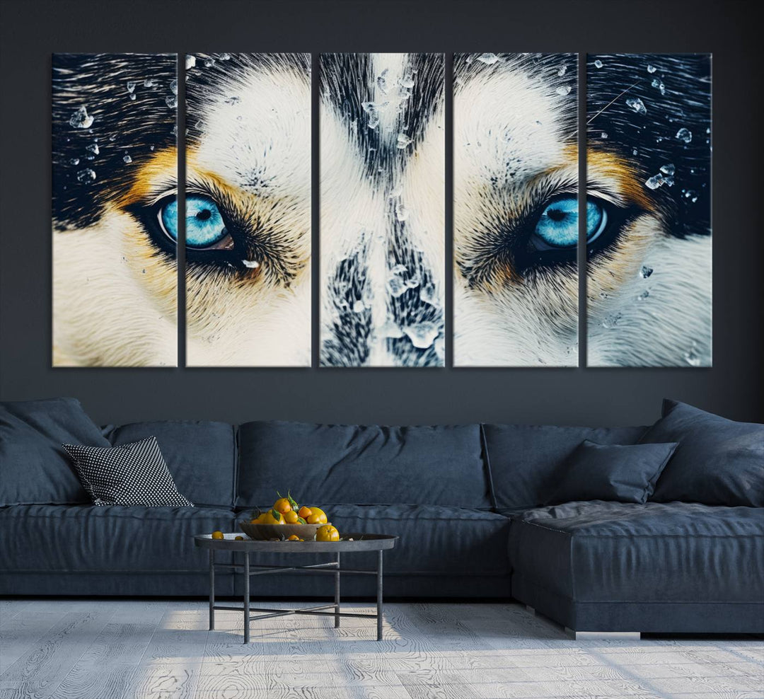 The captivating "Winter Siberian Husky Wolf EYE Wall Art Canvas Print" showcases the striking blue eyes of the animal portrait.