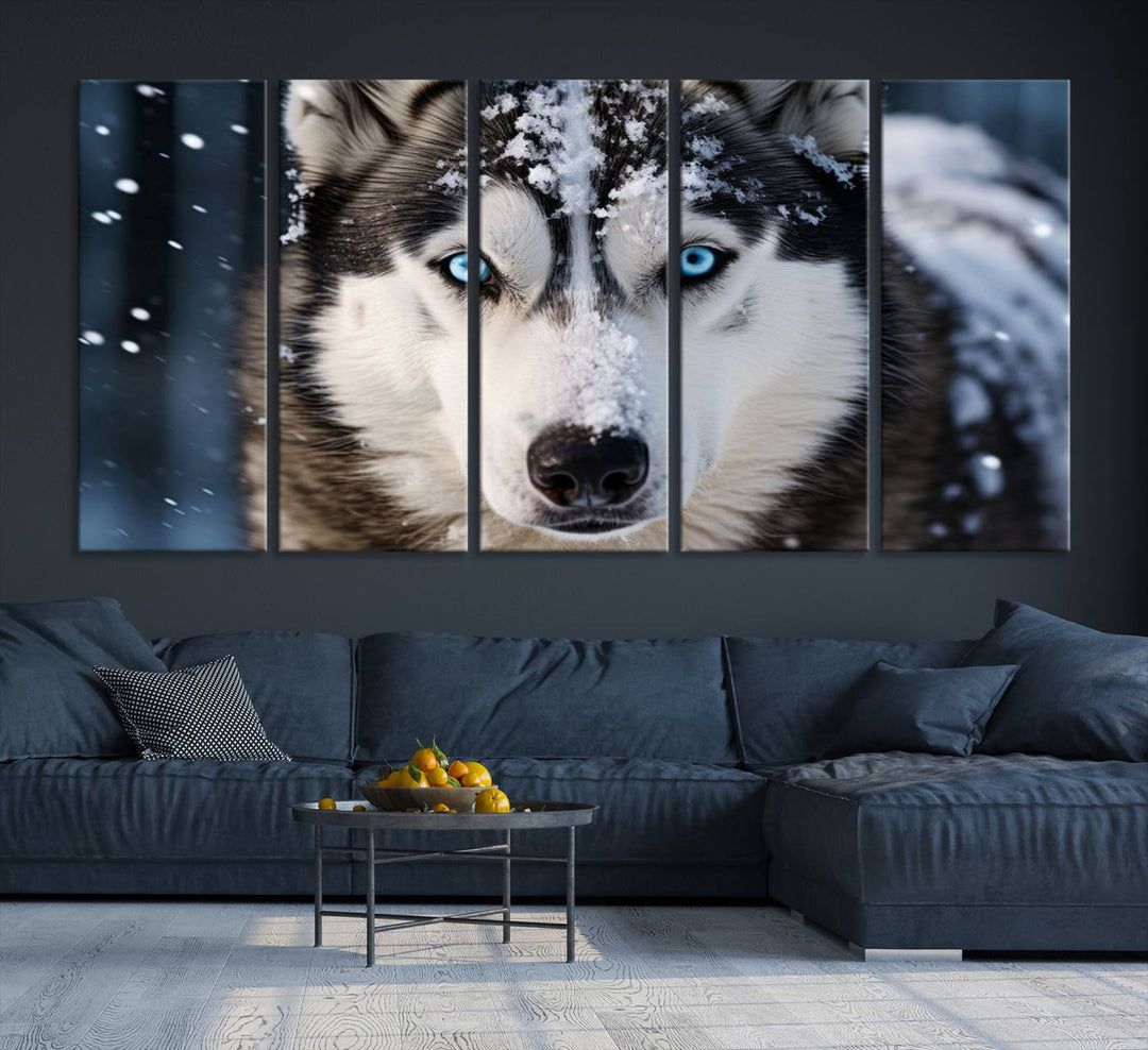 A digital art piece titled "Winter Siberian Husky Wolf Wall Art Canvas Print" showcases a blue-eyed husky blanketed in snow. Printed on high-quality canvas, it is an ideal choice for nature and dog enthusiasts.