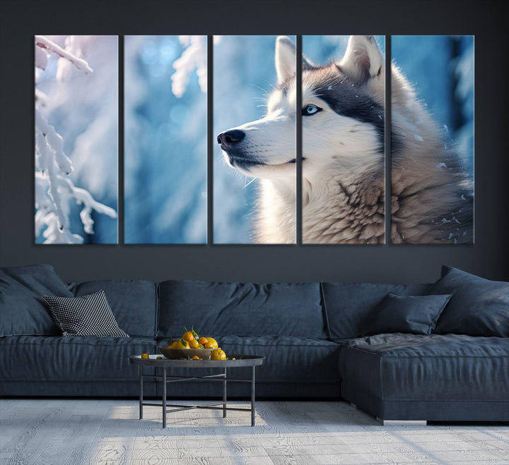 A captivating Winter Siberian Husky Wolf Wall Art Canvas Print hangs prominently.