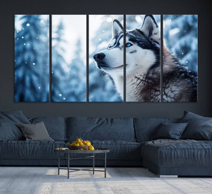 The "Winter Siberian Husky Wolf Wall Art Canvas Print" is elegantly displayed, enhancing the room's cozy ambiance in a snowy forest setting.