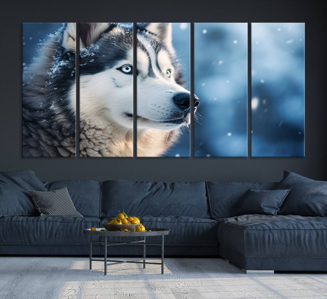 The space above the sofa features the Winter Siberian Husky Wolf Wall Art Canvas Print, creating a stunning snowy scene.