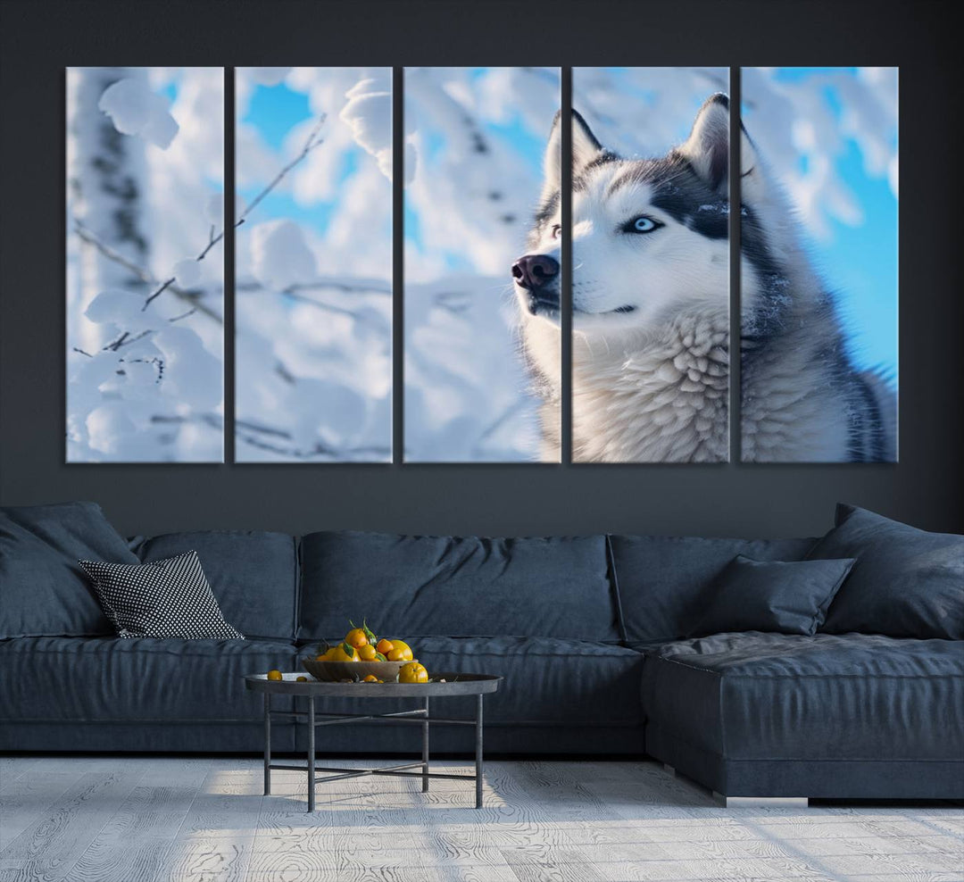 The Siberian Husky Art Canvas elegantly enhances the room.