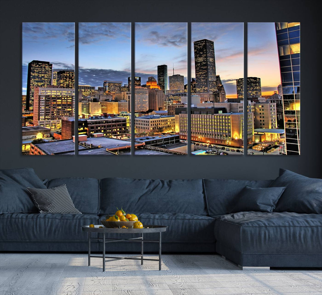 The modern living room features the Houston Wall Art Canvas Print on the wall. This professional craftsman framed masterpiece depicts a cityscape and is created with museum-quality polycotton canvas, ensuring a polished look that enhances its elegant charm.