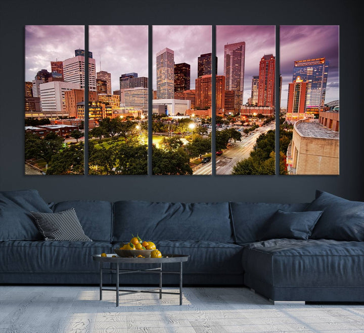 The Houston Wall Art Canvas Print in the living room displays a vibrant city skyline at twilight on museum-quality canvas with UV-protective coating.