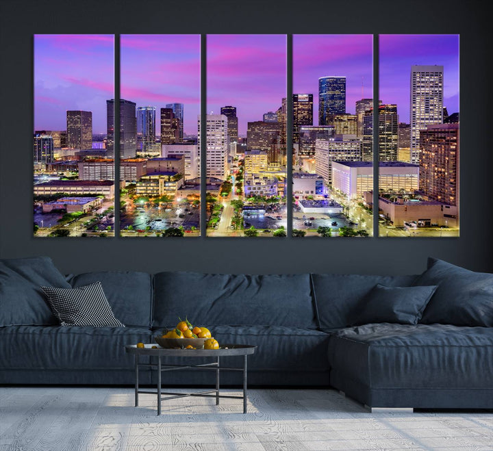 Houston Wall Art Canvas Print showcasing a vibrant cityscape at dusk on museum-quality canvas, expertly crafted by professional craftsmen.