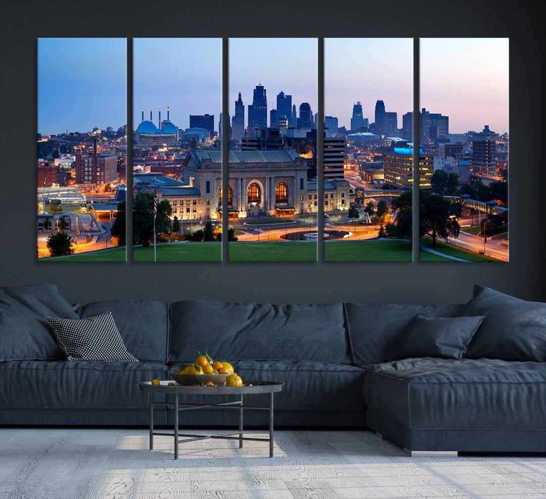 The Kansas City Skyline Canvas Wall Art Print hangs above, showcasing an iconic dusk cityscape with a historic building in the foreground, exuding urban sophistication.