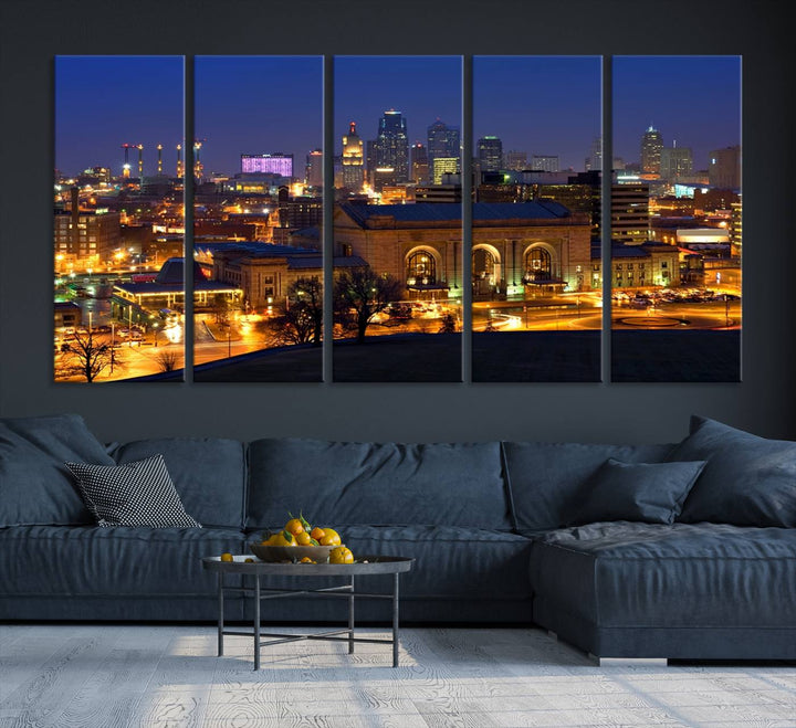 The Kansas City Night Canvas Print Wall Art creates a scene as captivating as museum-quality art, showcasing a city skyline at night with illuminated buildings.