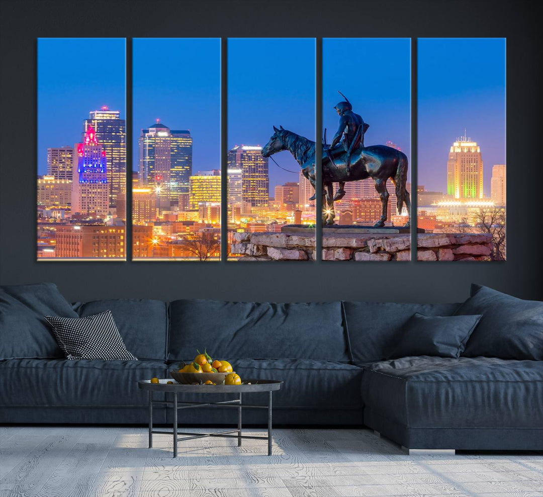 A large Kansas City Night Canvas Print Wall Art adorns the wall, gallery wrapped and finished with a UV-protective coating for lasting vibrancy.