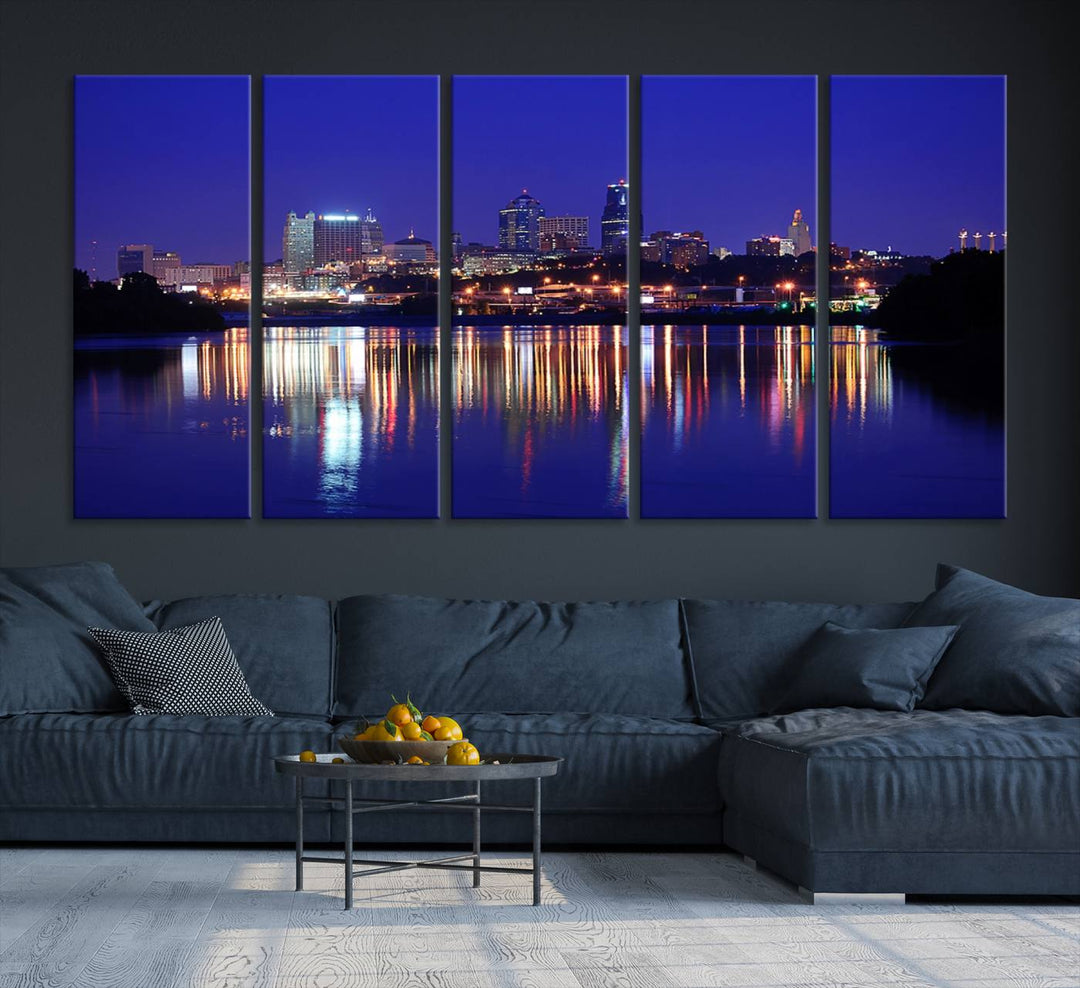 The Kansas City Night Canvas Print Wall Art captures the shimmering city skyline on the calm water, where every detail resembles a museum-quality polycotton masterpiece.